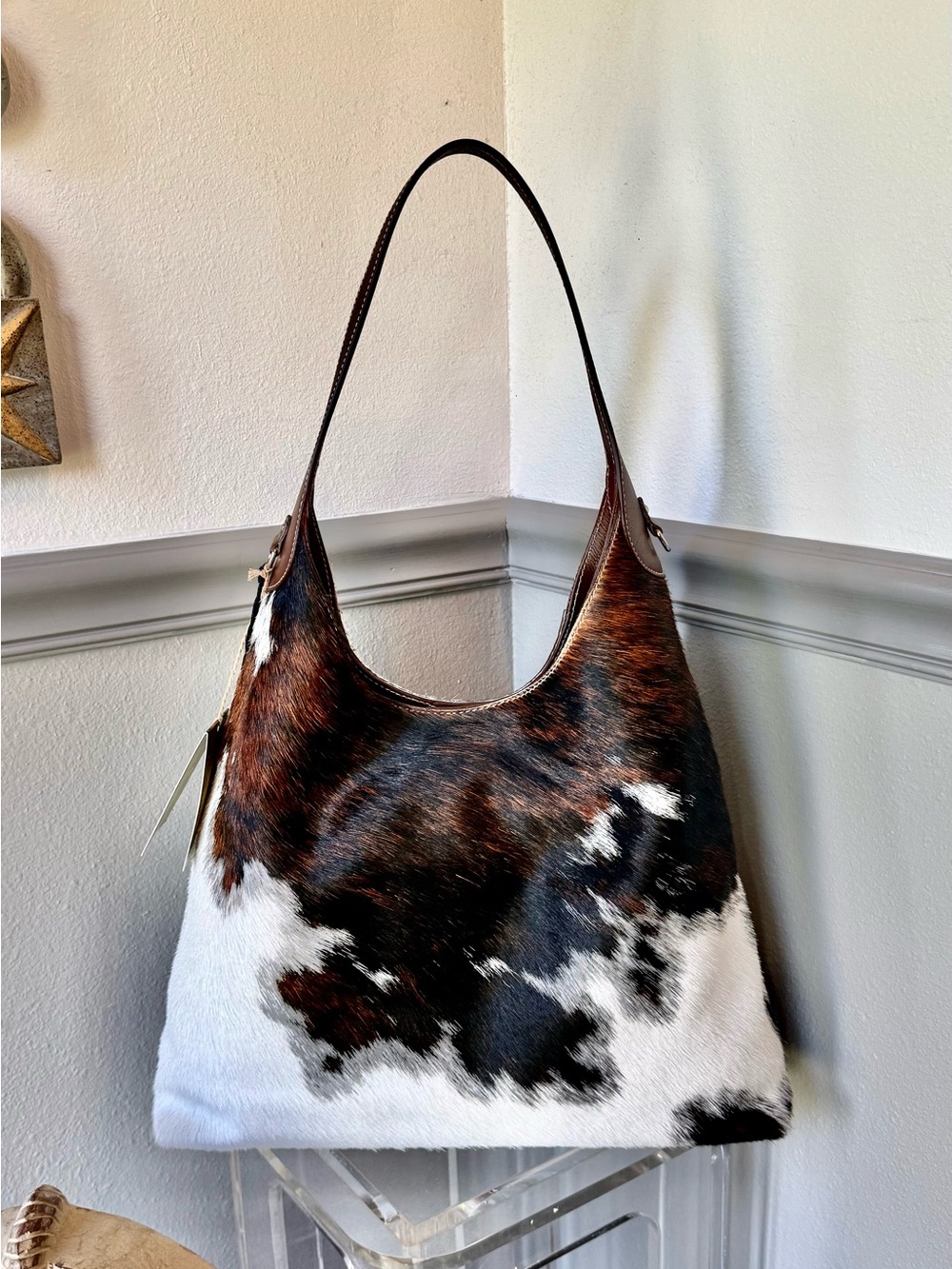 Italian Cowhide Hobo Shoulder Bag in Brown grey & white